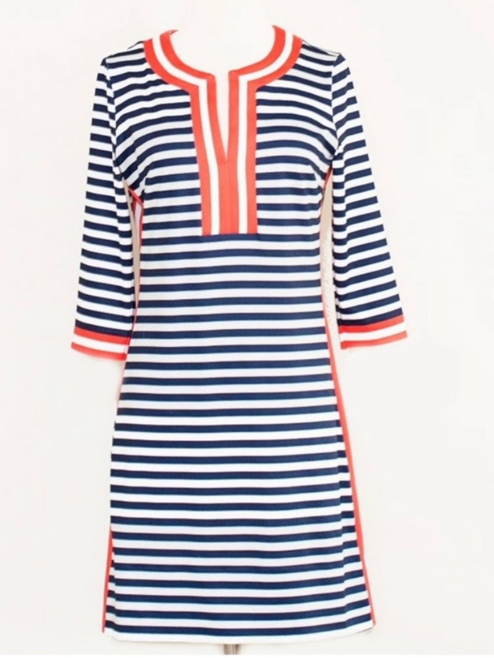 Gretchen Scott Hinkley Jersey Split Neck Dress Navy White Orange Size XXS Preppy